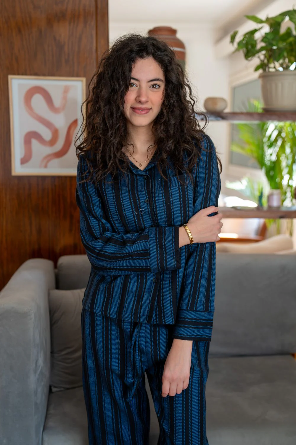 Women Winter Pajama Set Light Blue X Black Striped  buttoned sweatshirt + pants - Image 3