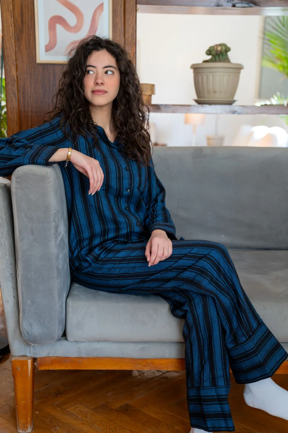 Women Winter Pajama Set Light Blue X Black Striped  buttoned sweatshirt + pants - Image 4