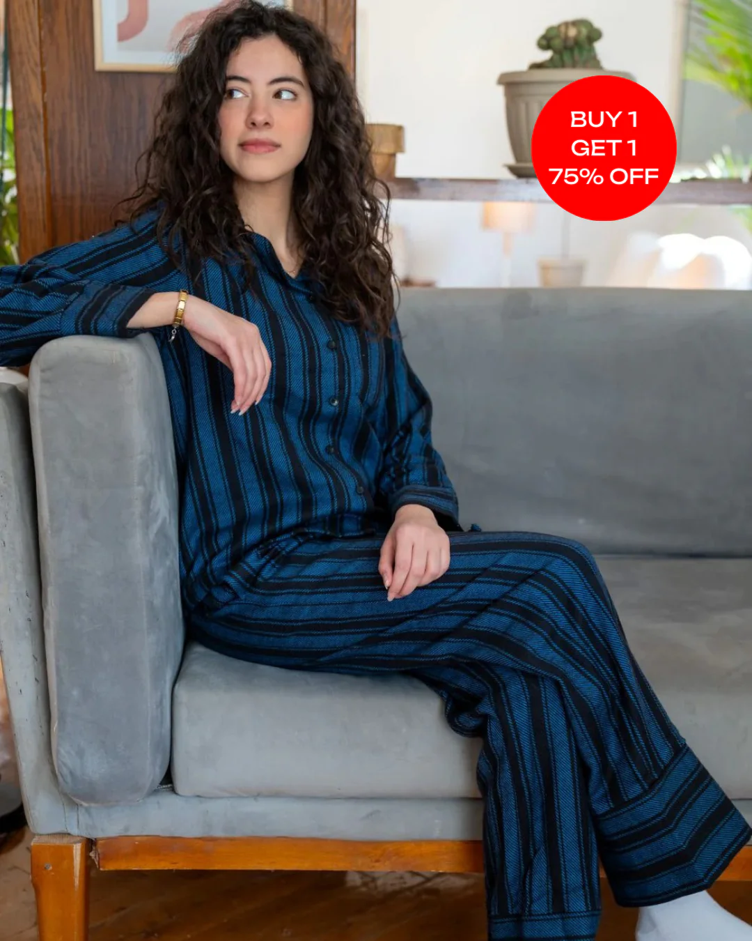 Women Winter Pajama Set Light Blue X Black Striped  buttoned sweatshirt + pants - Image 5